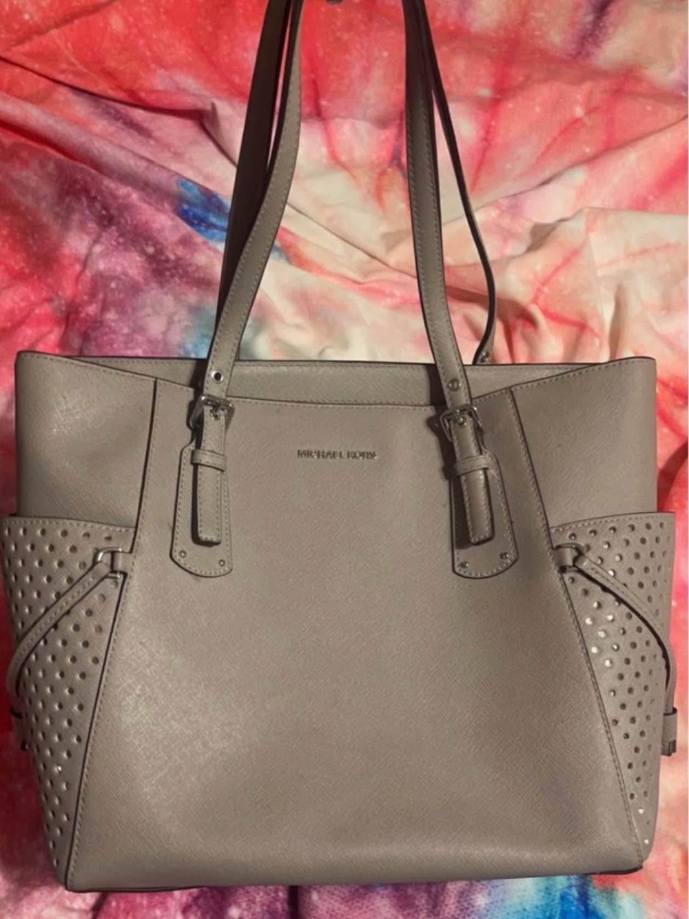 Michael Kors Taupe Saffiano Leather Tote with Stud-Accent Panels